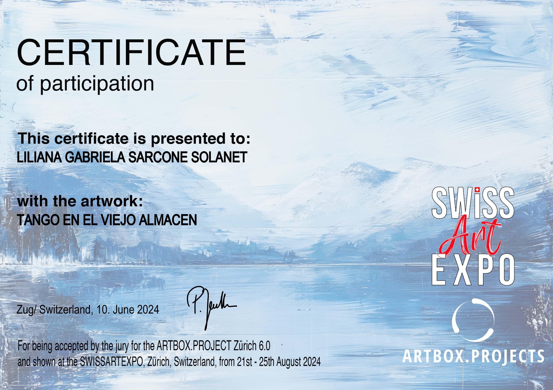 Certificado de participación en Swiss Art Expo